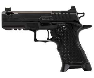 Black semi-automatic handgun on white background