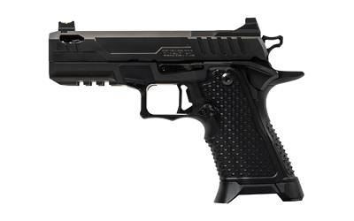 Black semi-automatic handgun on white background