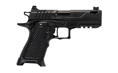Black semi-automatic handgun on white background