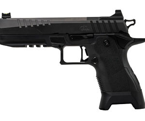 Black semi-automatic handgun on white background