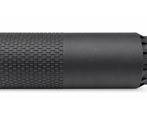 Black cylindrical metal suppressor with textured grip