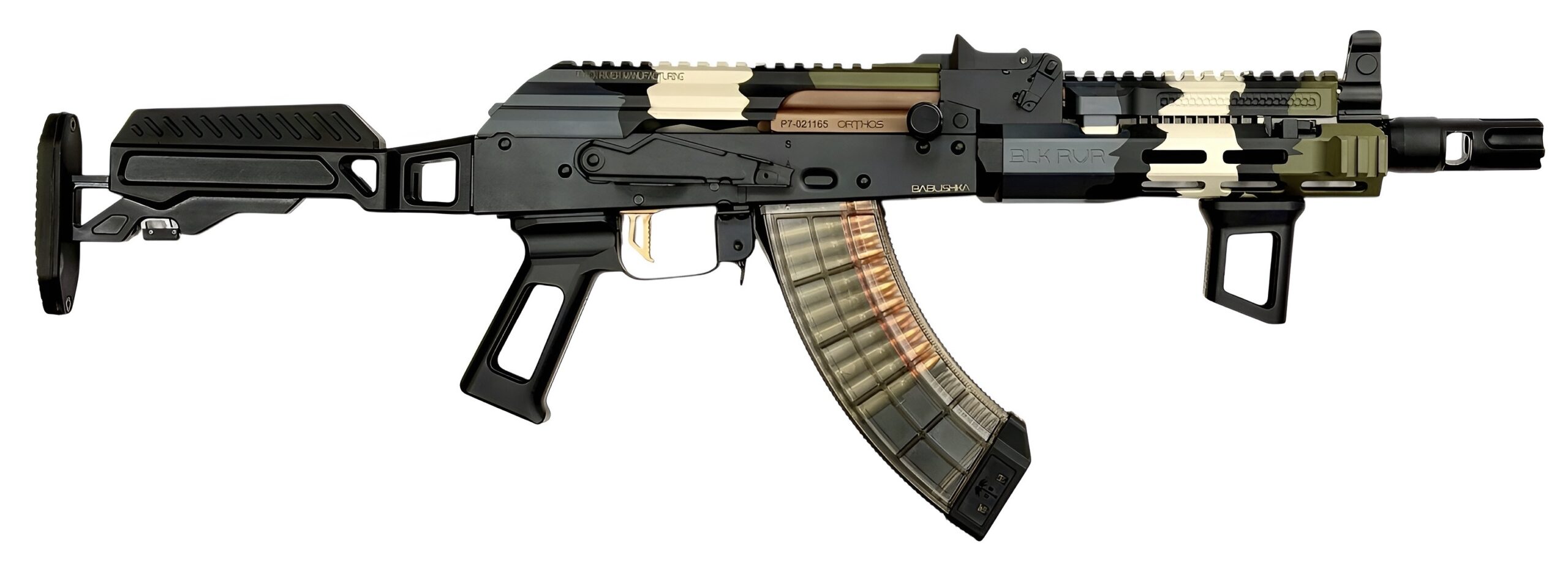 Custom camo AK-style rifle with transparent magazine