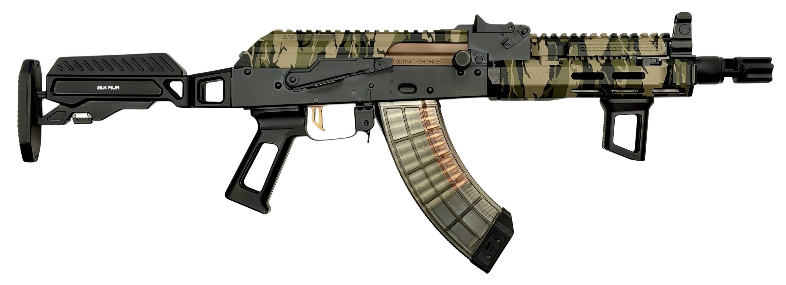 Camouflage AK-style rifle with transparent magazine