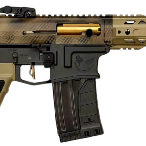 Tan and black tactical AR-style pistol with magazine