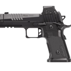 Black semi-automatic handgun with optic sight
