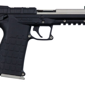 Black semi-automatic handgun on white background