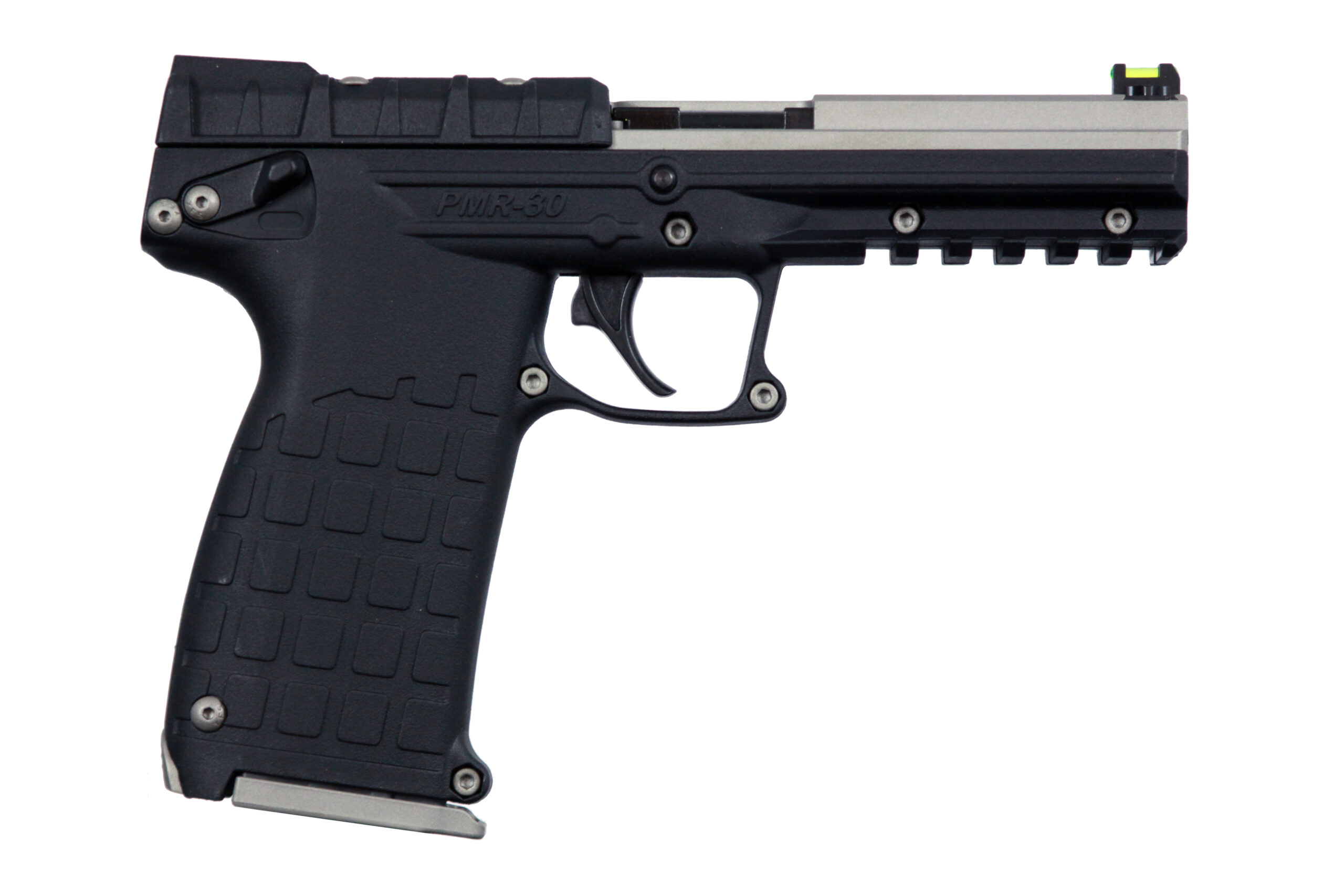 Black semi-automatic handgun on white background