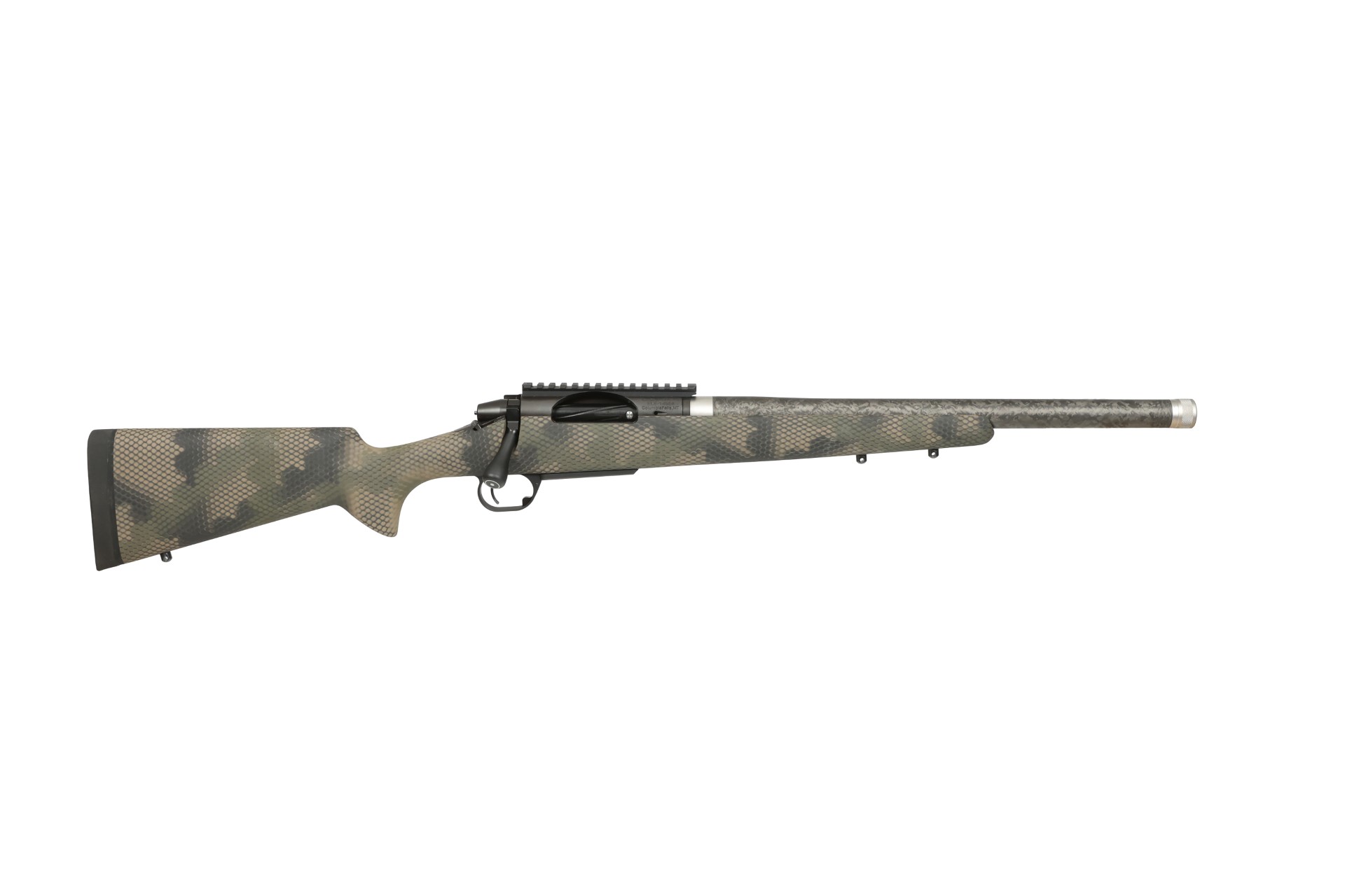 Camouflage bolt-action hunting rifle on white background