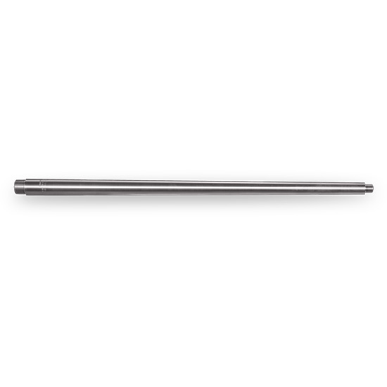 Long cylindrical stainless steel shaft on white background