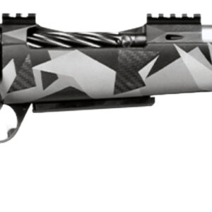 Bolt-action rifle with gray geometric camouflage