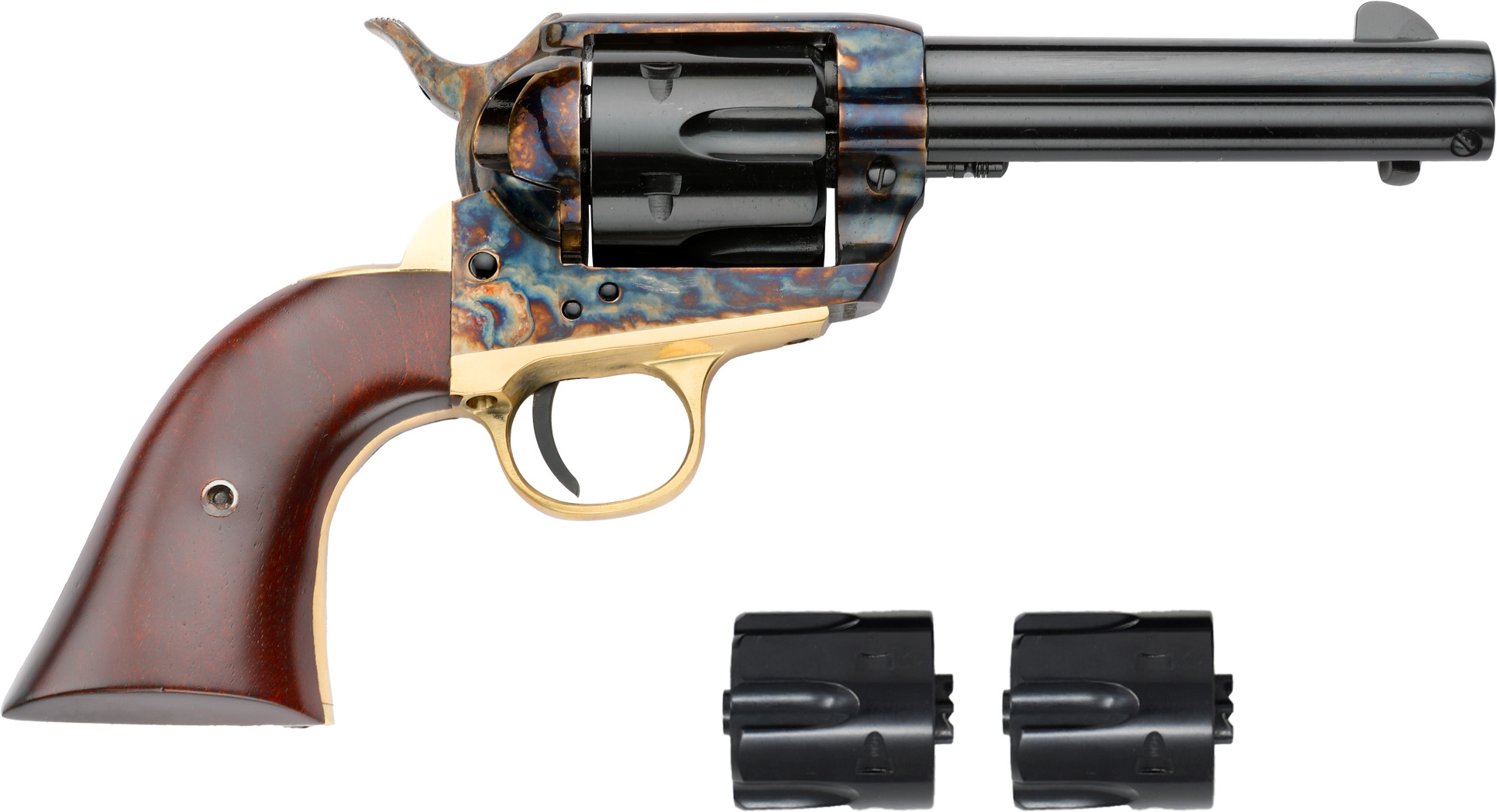 Vintage revolver with wooden grip and extra cylinders