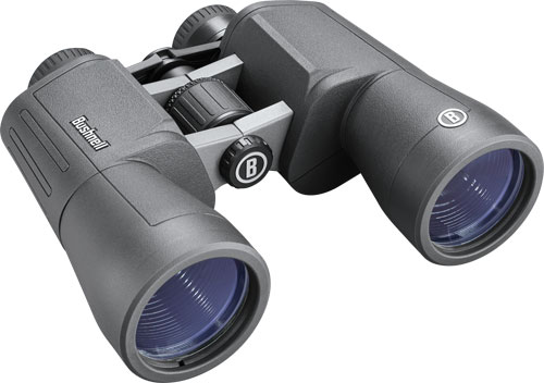 Gray Bushnell binoculars on white background