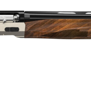 Semi-automatic shotgun with wooden stock on white background