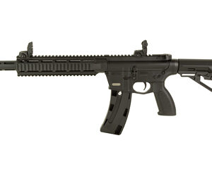 Black semi-automatic rifle on white background