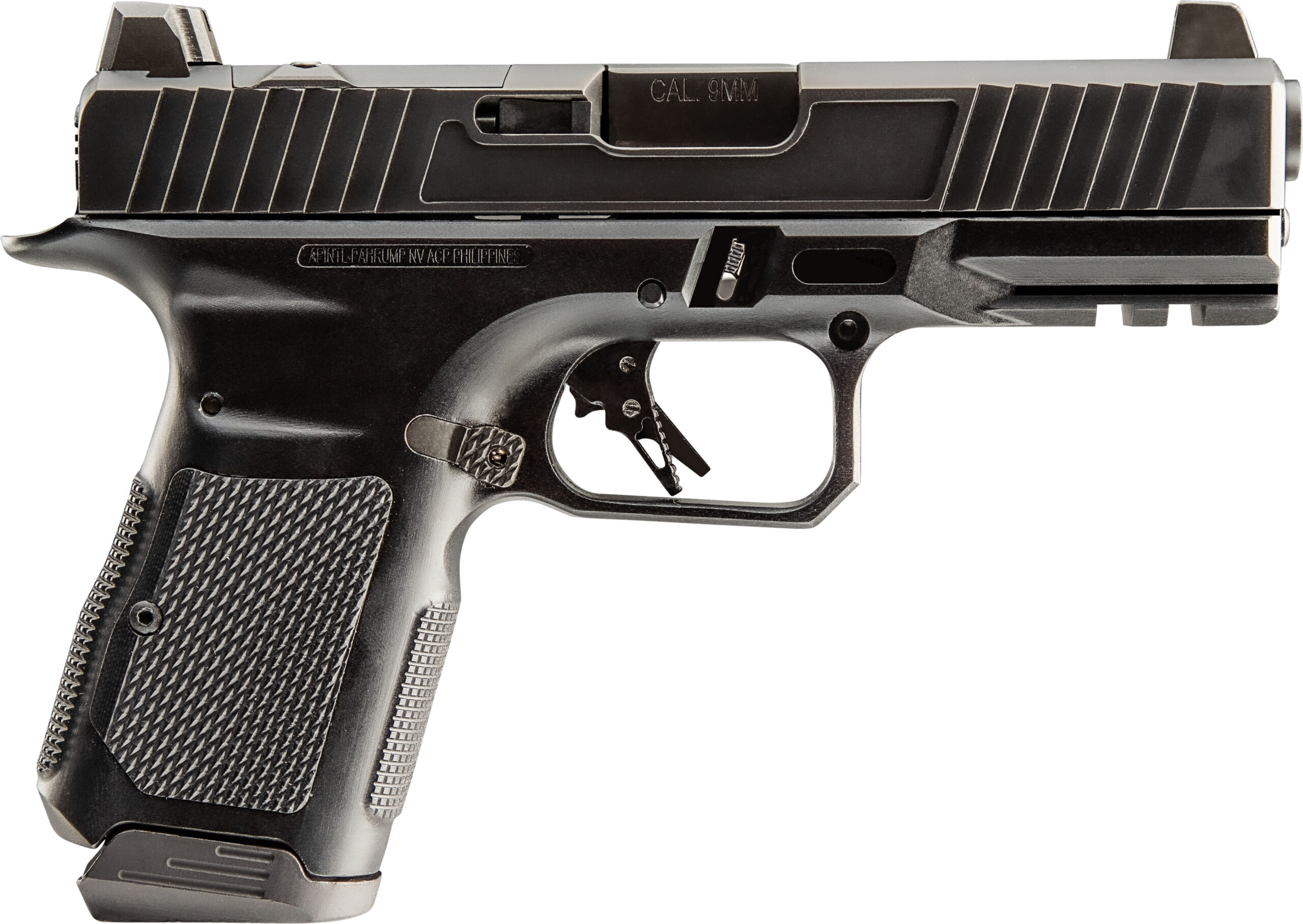 Black 9mm semi-automatic handgun side view