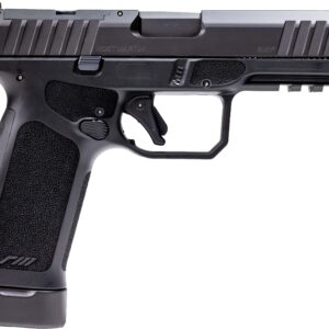 Black semi-automatic pistol on white background