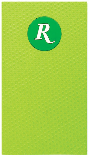 Green textured background with white R emblem