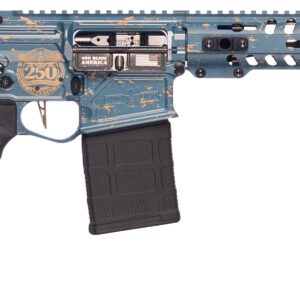Custom blue AR-style rifle with gold accents