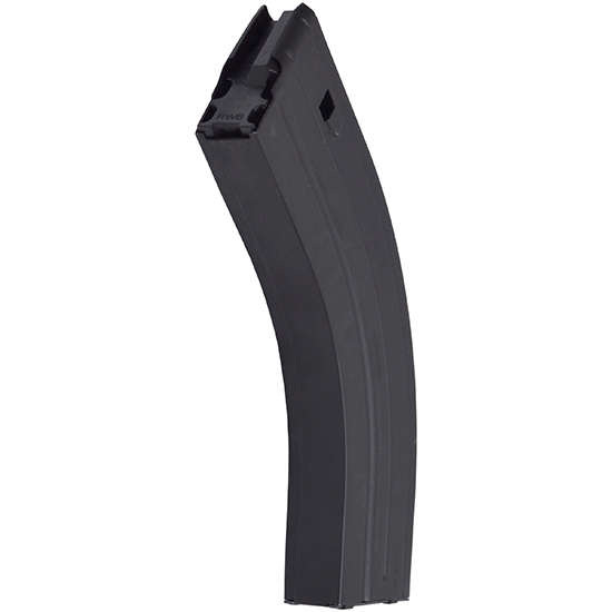 Curved black rifle magazine on white background