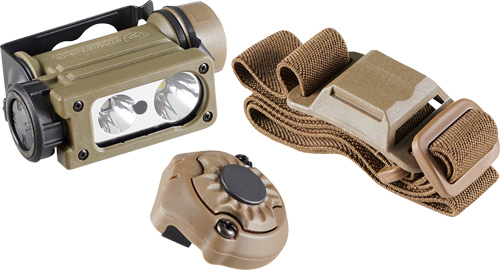 Tan tactical headlamp with strap and mount