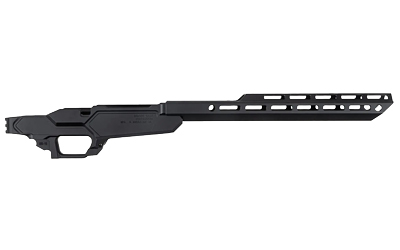 Black tactical rifle chassis with long handguard