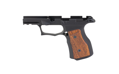 Black pistol frame with wooden grip panel