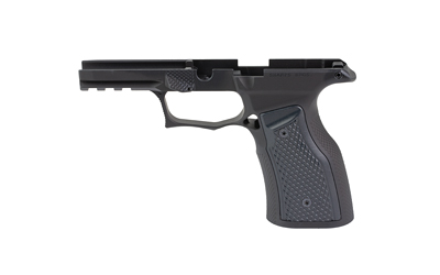 Black semi-automatic pistol frame on white background