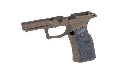 Tan polymer handgun frame without slide attached