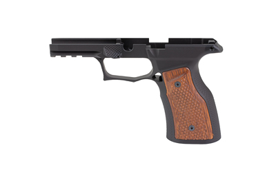 Black pistol frame with wooden grip panel