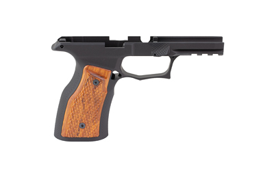 Black pistol frame with wooden grip panel