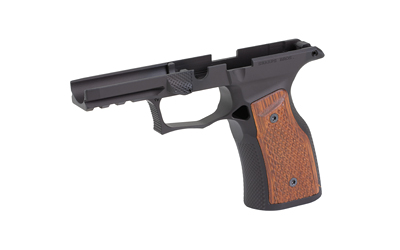 Semi-automatic pistol frame with wooden grip panels