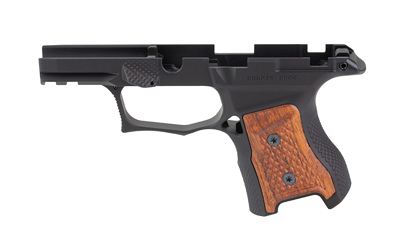 Black handgun frame with wooden grip panel