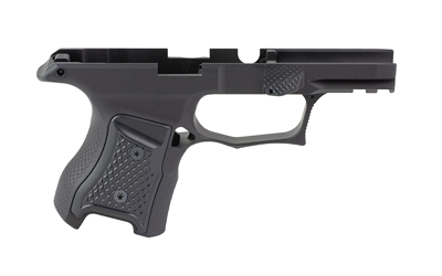 Black polymer handgun frame on white background