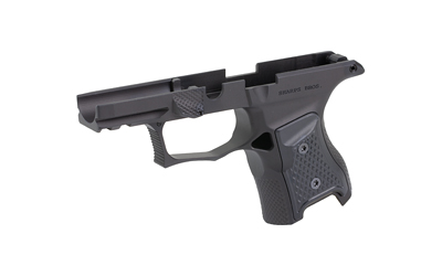 Black polymer handgun frame without slide or barrel
