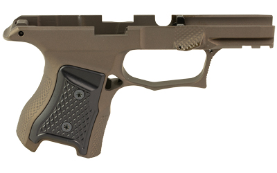 Tan handgun frame with black grip panel