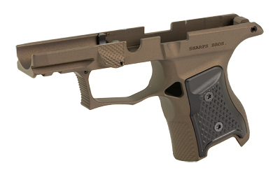 Tan pistol frame with black grip panel