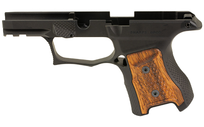 Black handgun frame with wooden grip panel