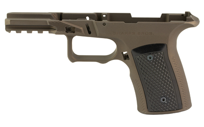 Brown polymer handgun frame with black grip panel