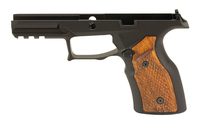 Black pistol frame with wooden grip panel