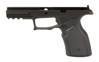 Black polymer handgun frame on white background