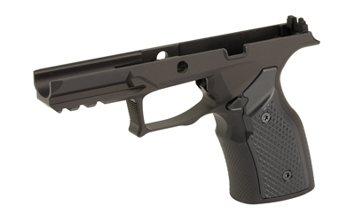 Black semi-automatic pistol frame on white background