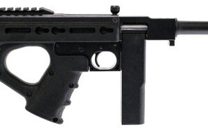 Black bullpup-style rifle with extended magazine and suppressor