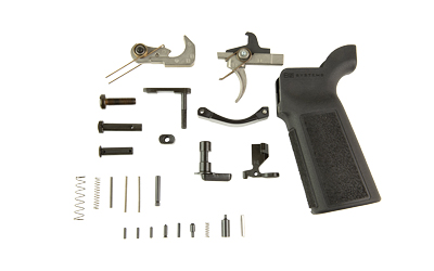 Disassembled firearm lower parts and pistol grip