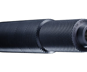 Black textured firearm suppressor with threaded end