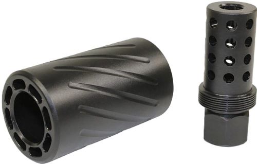 Black metal muzzle brake and flash suppressor