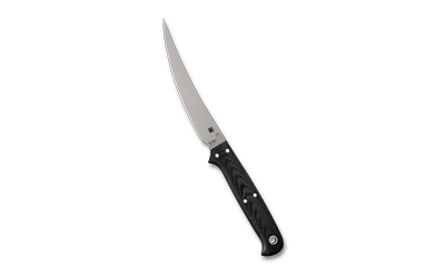 Black-handled kitchen knife on white background