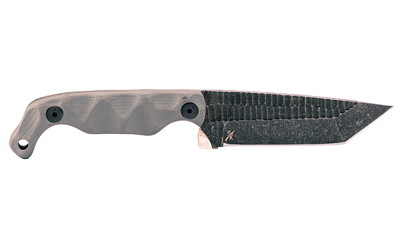 Fixed-blade knife with textured handle and patterned blade