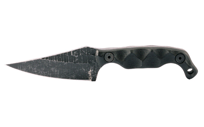 Worn fixed-blade knife with black textured handle