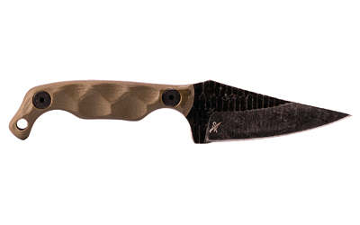 Fixed-blade knife with brown handle and dark blade