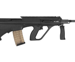 Black bullpup rifle with tan magazine